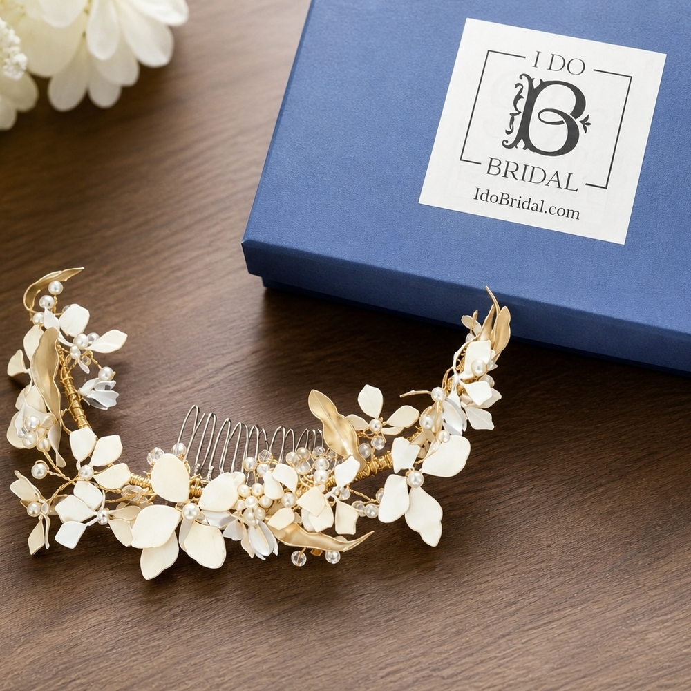 Gold and Ivory Floral Bridal Hair Comb
